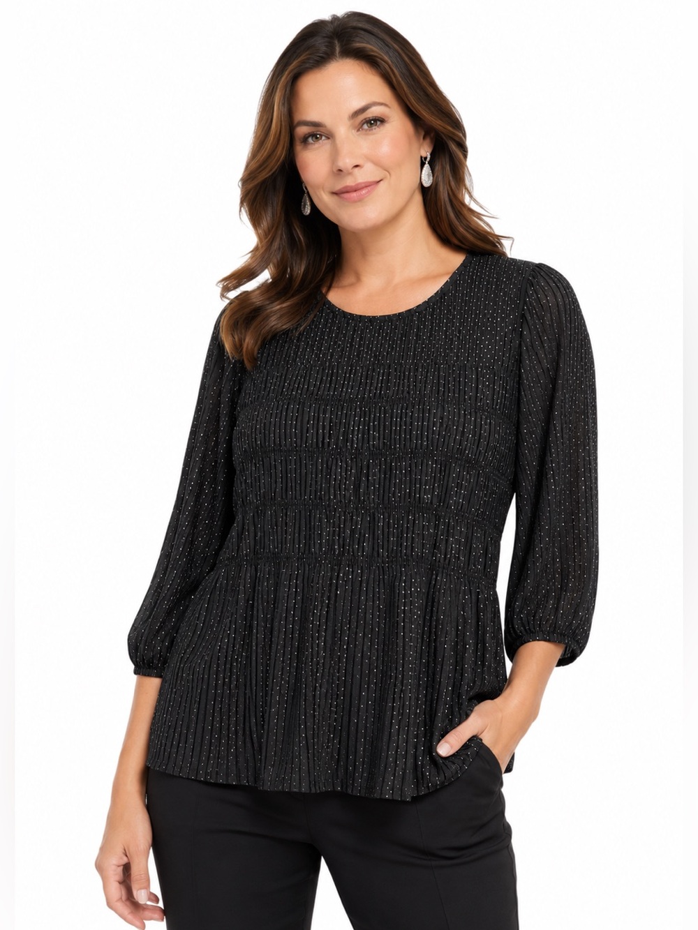 NEW Adrianna Papell Womens Small Black & Gold Metallic Dot Pleated Blouse Top